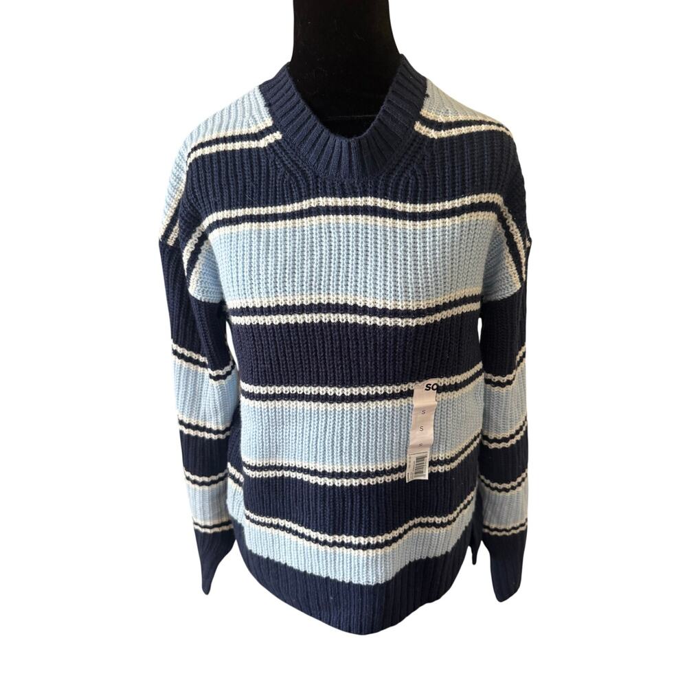 NWT SO Striped Chunky Knit Sweater Blue Navy Crew Neck Small